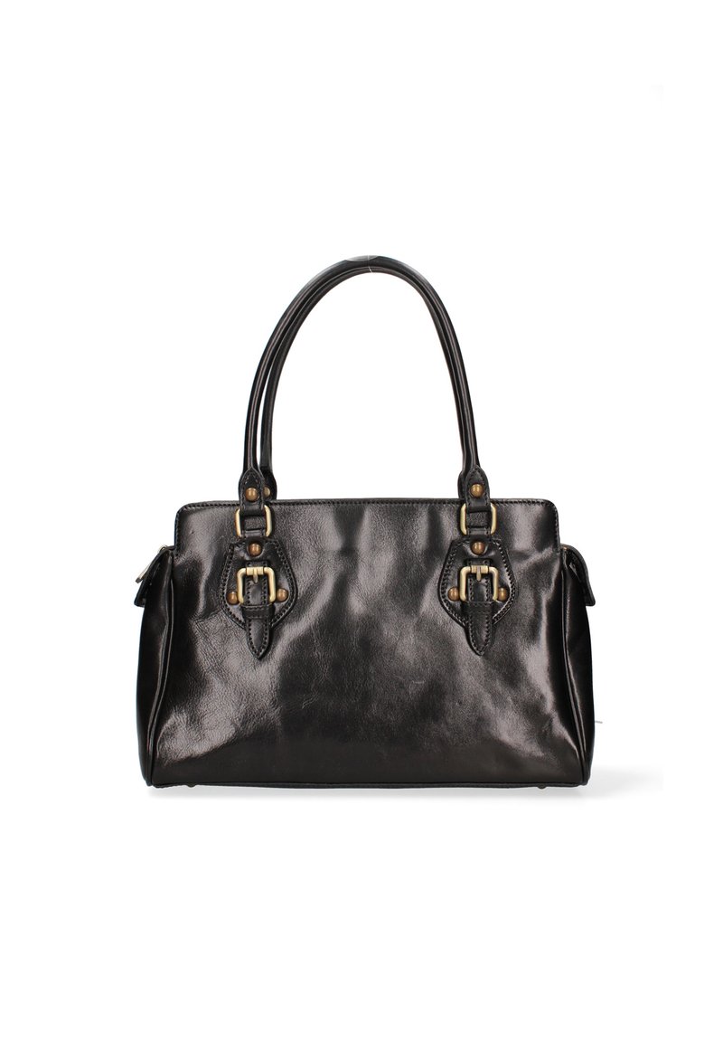 Sac à main en cuir noir avec une finition brillante, deux poignées courtes et des accents matériels métalliques décoratifs sur le devant.