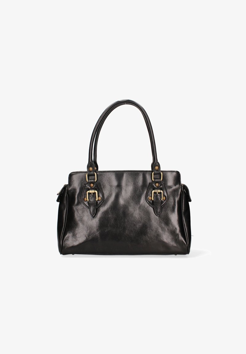 Borsa a tracolla in pelle nera con una finitura lucida, due manici corti e dettagli decorativi in metallo sul fronte.