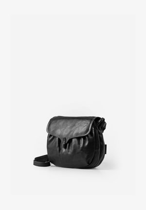 Black leather crossbody bag with a flap closure and adjustable strap, displayed against a plain white background.