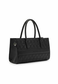 Black quilted handbag featuring a geometric triangle pattern, dual top handles, and a smooth texture. Accented with a silver ring hardware.