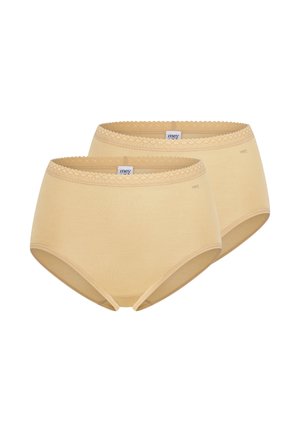 Two beige women's high-waist cotton briefs with scalloped lace trim and Mey brand labels at the waistbands.