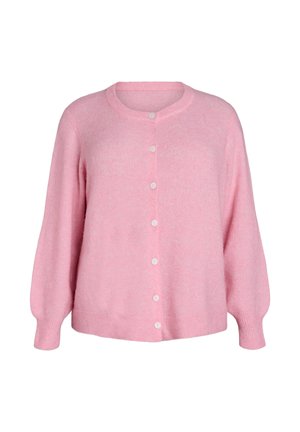 Rozā kardigans ar garām piedurknēm, izgatavots no mīksta materiāla. Tam ir apaļa apkakle un seši balti pogas priekšpusē.