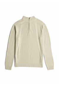 Lichtbeige pullover met een hoge hals en een halve rits. Kenmerkt zich door gestructureerde ribbels en aansluitende manchetten, wat zorgt voor een strakke, minimalistische uitstraling.