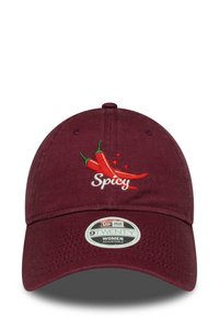 Burgundy adjustable baseball cap with embroidered red chili peppers and white "Spicy" text on front, labeled for women, New Era 9TWENTY model.