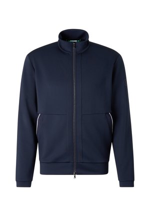 Mørkeblå fuld-lynlåset jakke med opretstående krave, lange ærmer, sidelommer med hvid kant og et diskret logo på venstre ærme.