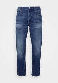 Mörkblå denimjeans med rak passform, med subtila blekningar, femficksdesign och en metallknapp i midjan.
