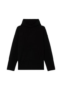 Czarna bluza z kapturem wykonana z dzianiny, z prążkowanym dołem i mankietami, o szerokim dekolcie i luźnym kroju.