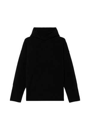 Black hoodie made of knit material, featuring a ribbed hem and cuffs, with a wide neckline and relaxed fit.
