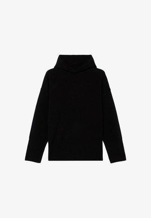 Černá mikina s kapucí z pleteného materiálu, s vroubkovaným lemem a manžetami, širokým výstřihem a volným střihem.