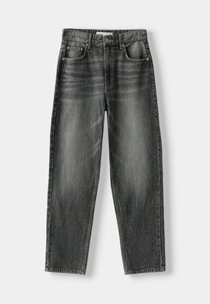High-waist black washed denim jeans with front pockets, belt loops, and button closure, laid flat on a white background.