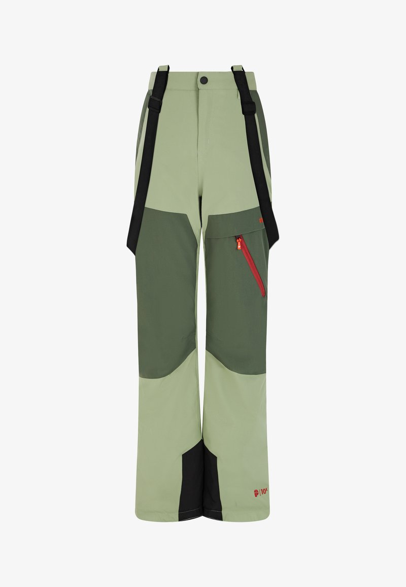 Hlače za skijanje izrađene od izdržljivog materijala, u maslinasto zelenoj i crnoj boji, s podesivim crnim trakama i crvenim džepom na zatvarač.