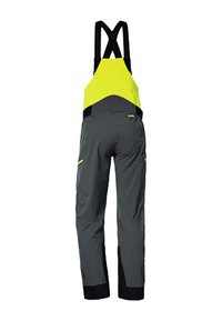 Grau wasserdichte Latzhose mit einem leuchtend gelben Oberteil, verstellbaren schwarzen Trägern und Reißverschlusstaschen. Elegantes Design für Langlebigkeit.