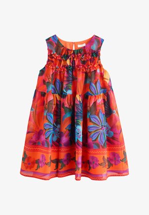 Lysende orange ærmeløs kjole med flæset bærestykke og livlige store blomsterprint i lilla, blå og rød.