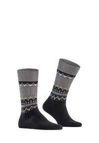 Knit socks with a patterned design in shades of grey and black. Features a textured band and decorative knit patterns near the ankle.
