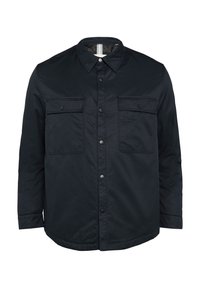 Donkerblauwe shirtjas met een puntige kraag, twee voorste klepzakken en drukknoopjes. Soepele textuur met lange mouwen.
