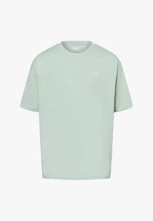 Kurzärmliges T-Shirt in Mintgrün aus weichem Stoff, mit rundem Halsausschnitt und kleinem FHL-Logo in hellbeige auf der Vorderseite.