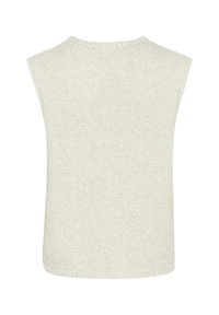 Ærmeløs beige strikket sweatervest med rund halsudskæring, vist bagfra.