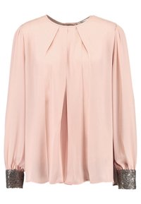 Blusa a maniche lunghe di un delicato rosa, con frontale plissettato, collo rotondo e polsini ricamati di paillettes. Tessuto liscio con vestibilità morbida e maniche arricciate.