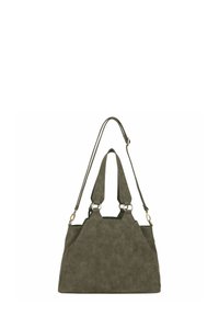 Borsa a spalla verde oliva realizzata in un materiale simile al suede, liscio. Presenta manici superiori doppi, una tracolla regolabile e dettagli in metallo dorato.
