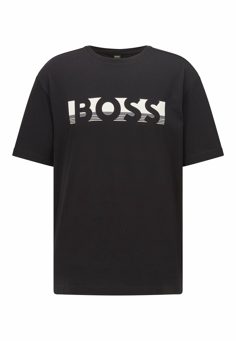 T-shirt noir à manches courtes avec texte stylisé blanc "BOSS" sur la poitrine. Design simple avec col rond.