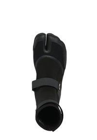 Black neoprene dive boot with a split toe design, adjustable strap, and textured sole for grip. Smooth interior lining.