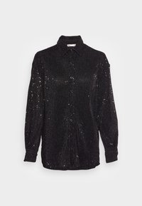 Black button-up shirt with sparkling sequins, long sleeves, a pointed collar, and a textured ribbed design. Front button closure with cuffs.