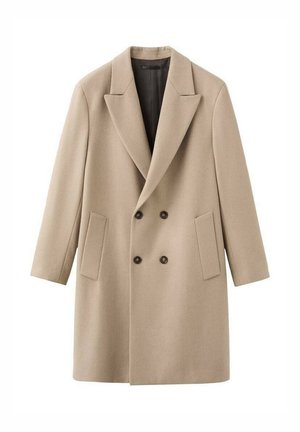 Cappotto beige doppiopetto con ampi risvolti, due tasche frontali e foderato in nero. Realizzato in un tessuto strutturato, con un aspetto liscio.