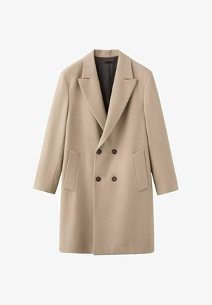 Bež kaput s dvostrukim kopčanjem, velikim reverima, dvama prednjim džepovima i crnim unutarnjim oblogom. Izrađen od teksturirane tkanine, glatkog izgleda.