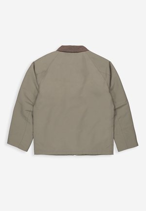 Beige lange mouwen jas met een bruine corduroy kraag, gezien van achteren tegen een witte achtergrond.