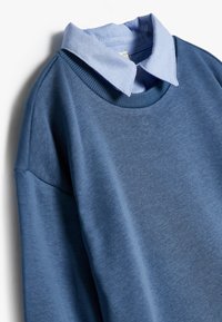 Felpa blu con una camicia colletto azzurro sotto. Tessuto liscio, scollatura rotonda e maniche montate con polsini a costine.