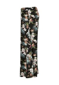 Sorte, vidde bukser med tropisk blomsterprint i hvid, grøn, lyserød og blå på hvid baggrund.