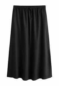 Gonna midi nera con vita elastica e coulisse, taglio dritto e tessuto dalla texture liscia.