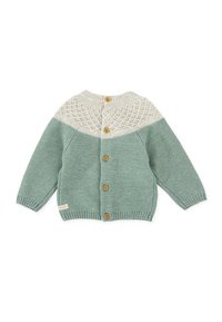 Cardigan de bebé tejido, con un diseño de bloques de color en crema texturizado y verde menta, botones de madera y puños y dobladillo acanalados.