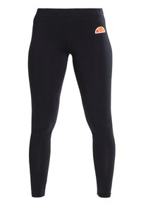 Svarte leggings i stretch med høy midje, med en liten flerfarget logo på den øvre venstre låret. Jevn tekstur overalt.
