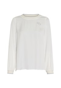 White long-sleeve top with a round neckline, gathered cuffs, and subtle blue embroidered logo detail on the chest. Soft, smooth fabric.