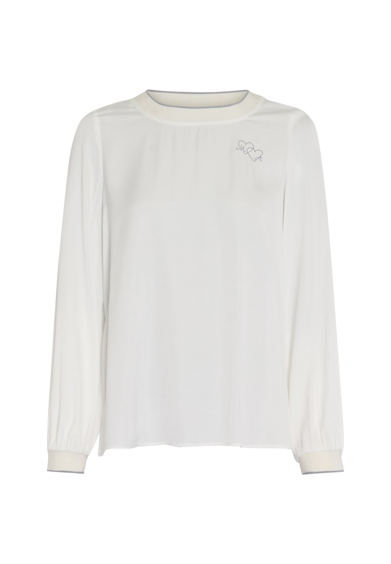 White long-sleeve top with a round neckline, gathered cuffs, and subtle blue embroidered logo detail on the chest. Soft, smooth fabric.