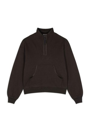 Sweatshirt court marron avec col haut, fermeture éclair semi-zip, manches longues et poche kangourou à l'avant. Présente des poignets et un ourlet côtelés.