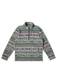 Fleece-pullover med høj krave, prydet med et geometrisk mønster i grøn, blå og creme. Inkluderer en lynlåslomme foran og lommer til at varme hænderne.