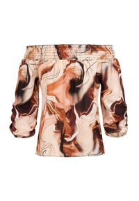 Camicetta off-the-shoulder in tessuto leggero con un motivo marmorizzato in tonalità di marrone, crema e pesca, con maniche arricciate.