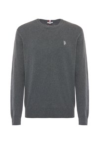 Maglione grigio in lana con collo rotondo e maniche lunghe. Presenta un piccolo logo ricamato sul petto e polsini e orlo a coste.