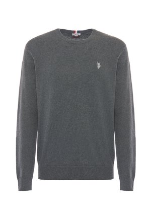 Maglione grigio in lana con collo rotondo e maniche lunghe. Presenta un piccolo logo ricamato sul petto e polsini e orlo a coste.