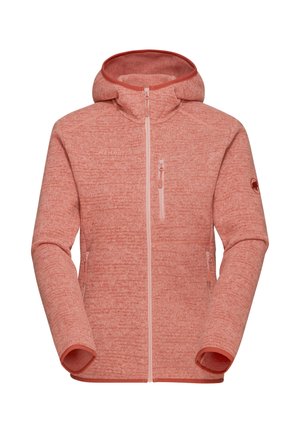 Fleece jacket in coral pink, featuring a zip front, hood, and two zippered pockets. Textured fabric with a soft finish and logo detail.