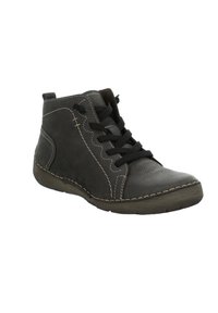 Botas de piel negra hasta el tobillo con una superficie texturizada, puntera redonda, diseño con cordones y un detalle de costura en contraste a lo largo de la suela.