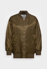 Olive green bomber jacket with a smooth satin finish, ribbed cuffs and collar, front zipper closure, and a pocket on the left sleeve.