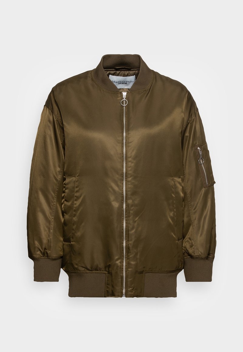 Olive green bomber jacket with a smooth satin finish, ribbed cuffs and collar, front zipper closure, and a pocket on the left sleeve.