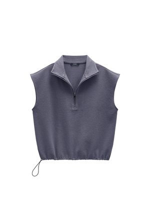 Bezrękawnik w ciemnoszarym kolorze z przednim zamkiem błyskawicznym do połowy, wysokim kołnierzem i regulowanym ściągaczem u dołu.