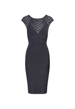 Donker marineblauwe pencil jurk met een getextureerde bodycon pasvorm, doorzichtige gestreepte kapmouwtjes en een kruisfrontontwerp op het lijfje.