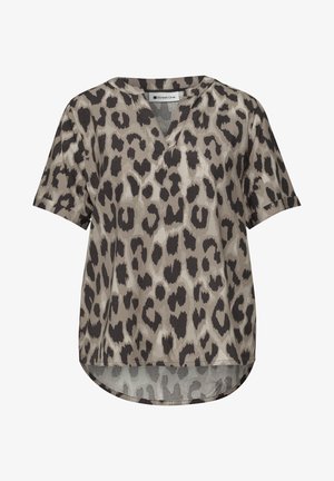 Bluzka damska z krótkim rękawem w beżowo-ciemnobrązowy wzór w panterkę, z dekoltem w serek i zaokrąglonym dołem, oznaczona marką Street One.