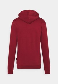 Felpa rossa con cappuccio regolabile, maniche lunghe e taglio dritto. Realizzata in tessuto morbido con una superficie liscia e senza motivi visibili.