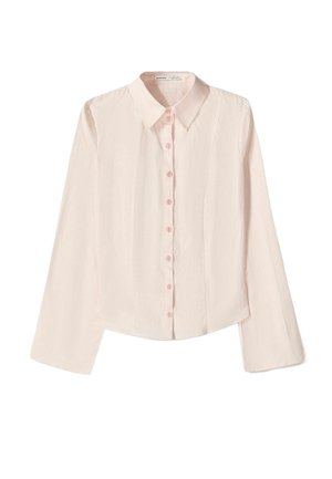 Hellrosa Bluse mit langen Ärmeln, spitzem Kragen und Knopfleiste. Besitzt einen leicht abgerundeten Saum und eine strukturierten Stoffoberfläche.